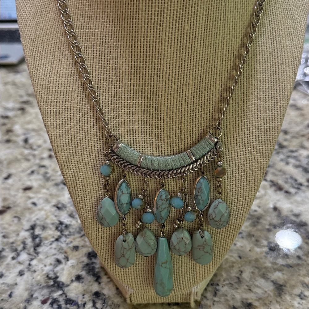 Turquoise looking Statement Necklace 26” long